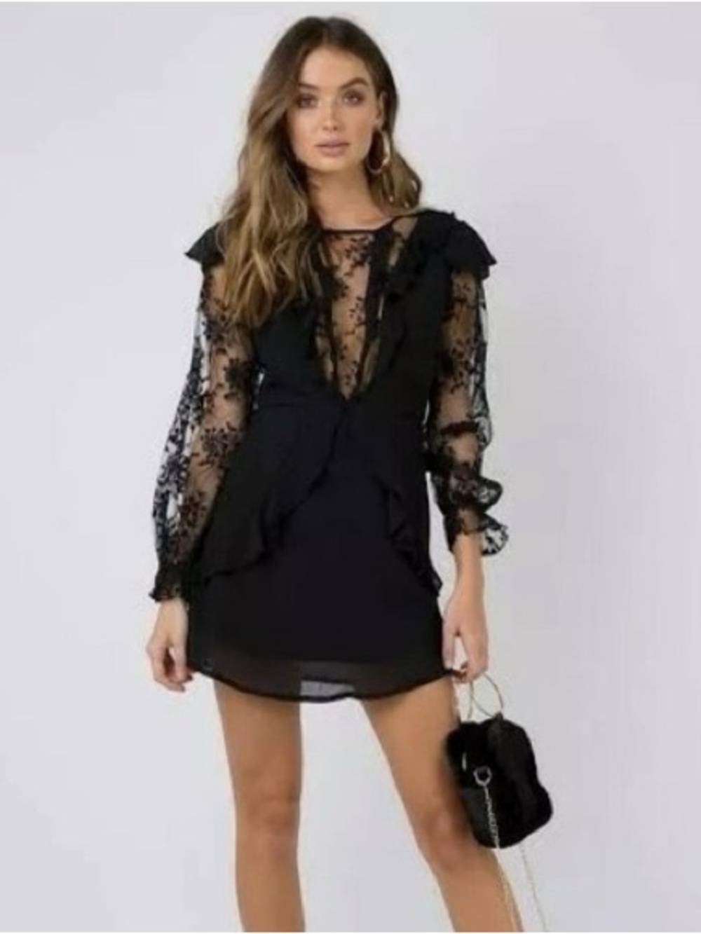 Princess‎ Polly Sheer Lace-Sleeve Ruffle Mini Dress